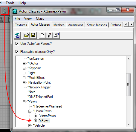 Actor Pawn dans l'Actor browser