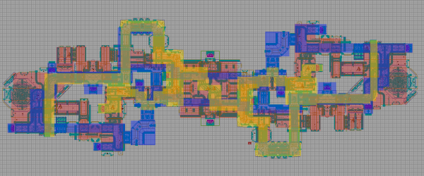 Chemins de CTF-Senate : rouge, niveau 1 ; bleu, niveau 2 ; jaune, niveau 3
