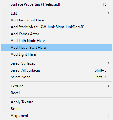 PlayerStart dans le menu contextuel