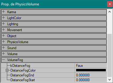 Paramètres de brouillard dans un PhysicsVolume