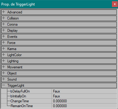 Propriétés spécifiques d'une TriggerLight