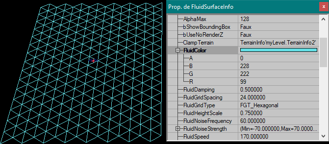Le maillage est rendu cyan par la modification du champ FluidColor