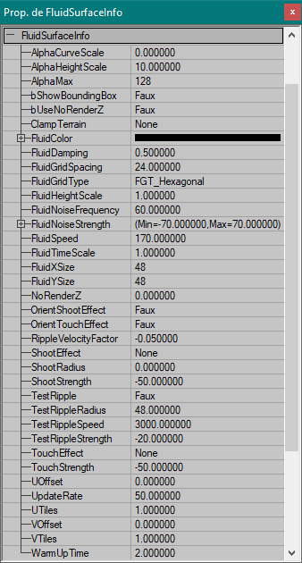 Liste des paramètres de la FluidSurfaceInfo