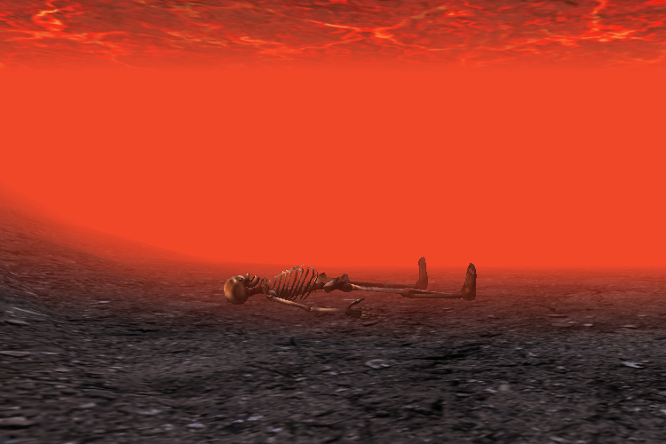 Squelette carbonisé sous la surface de la lave