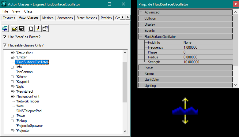 L'actor FluidSurfaceOscillator dans l'actor browser et dans l'éditeur, avec ses propriétés