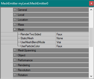 Propriétés spécifiques du MeshEmitter