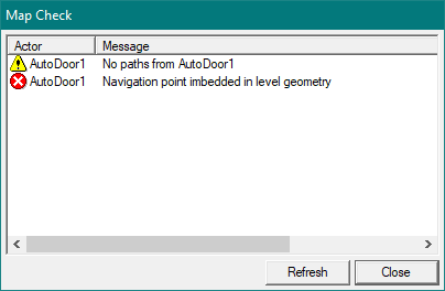 Message d'erreur indiquant que l'actor Door est dans la géométrie