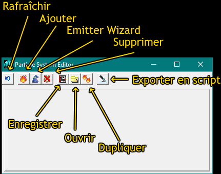 Boutons de l'interface de l'éditeur de particules