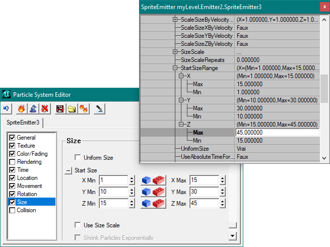 Équivalence des paramètres de l'éditeur et des propriétés de l'Emitter