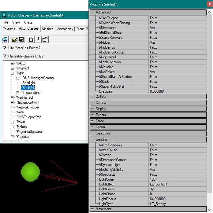 Sunlight dans l'éditeur, dans l'actor