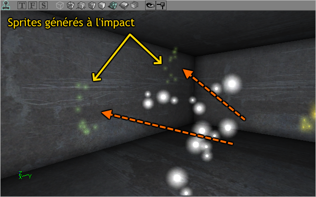 Particules générées lors de l'impact des sprites du SpriteEmitter principal sur la géométrie