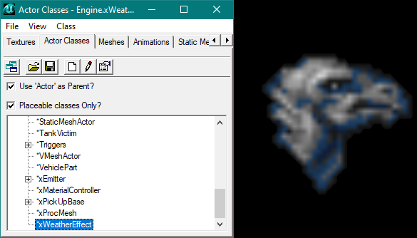 Le xWeatherEffect dans l'actor browser et dans la vue 3D